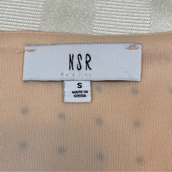 NSR Peach and Black Polka-Dot Dress Sz S Sheer Ruffled V-Neck Elastic Waist - Picture 3 of 11